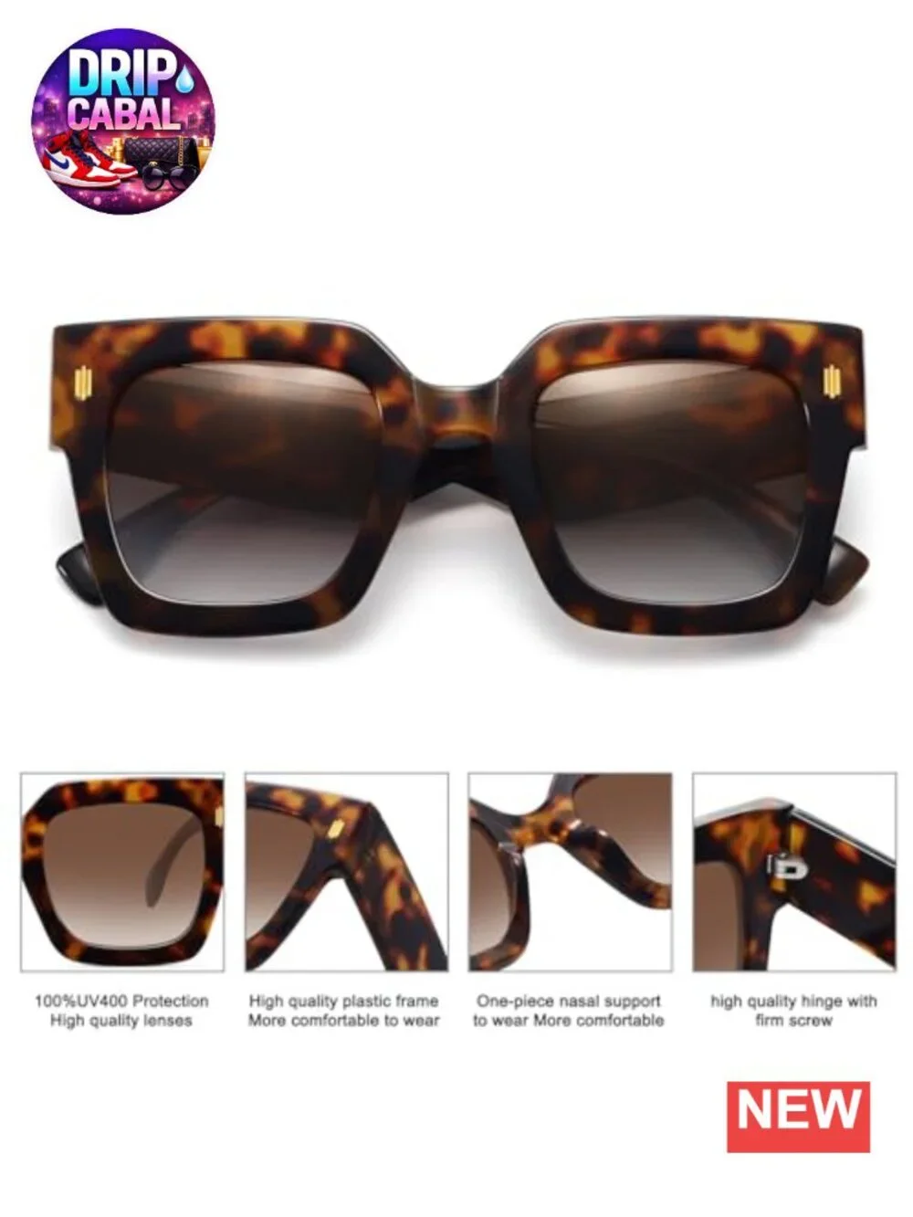 Retro Oversized Square Sunglasses UV400 Protection Chunky Plastic Frames